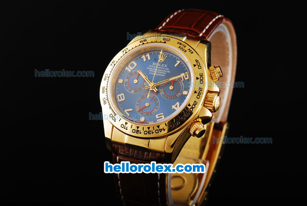 Rolex Daytona Swiss Valjoux 7750 Automatic Movement Gold Case with Blue Dial-Gold Numeral Markers and Brown Leather Strap - Click Image to Close